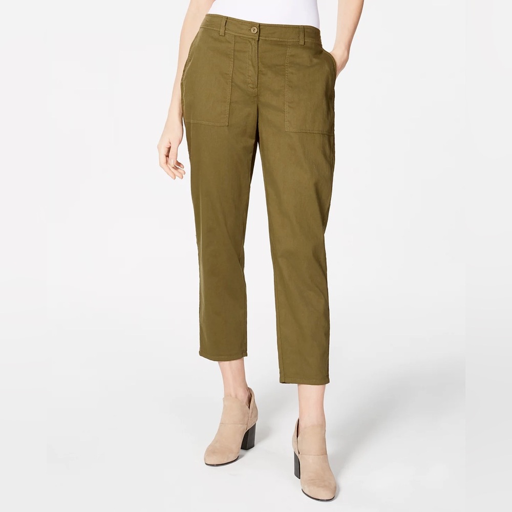 Eileen Fisher Cropped Organic Cotton Twill Pants Olive Green‎ 8